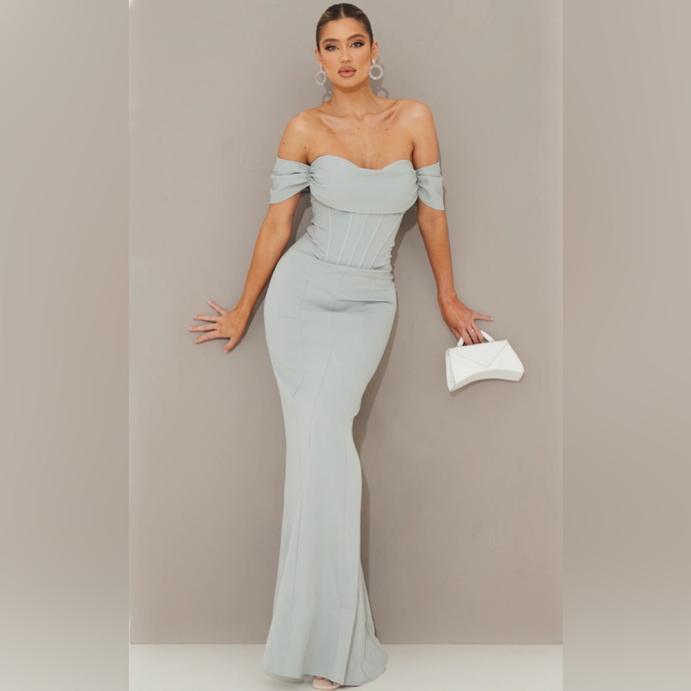 PRETTYLITTLETHING Sage Green Corset Detail Bardot Bridesmaid Dress